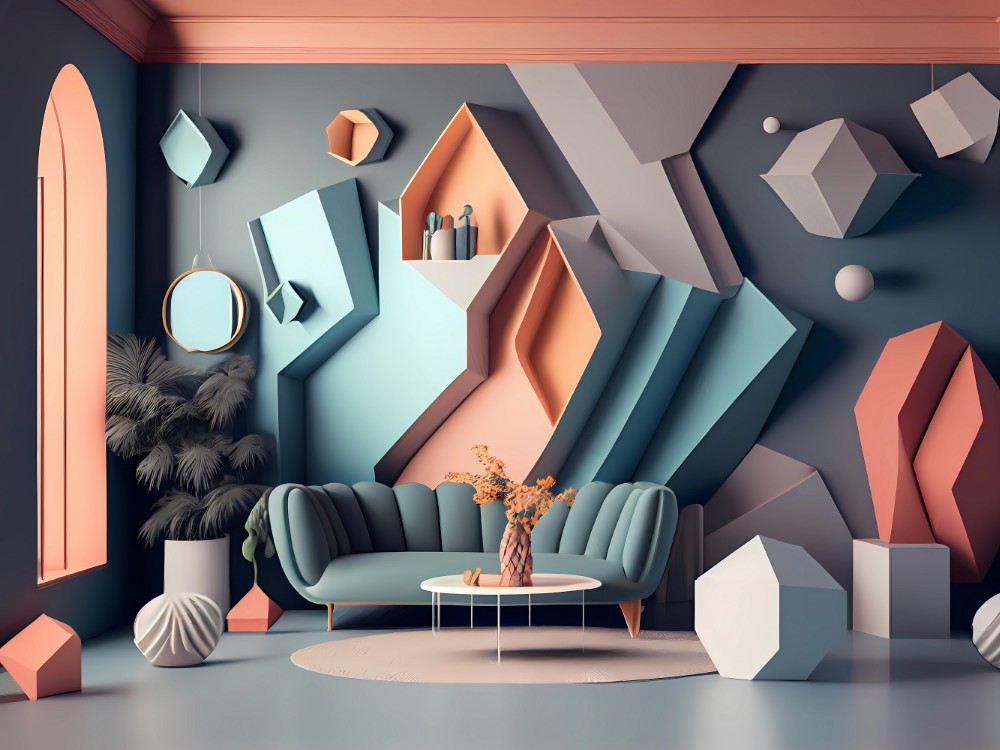 3d room interior design with geometric shapes generative ai