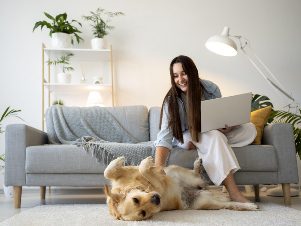full shot woman working with cute dog 1