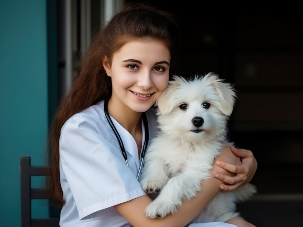 veterinarian with dog arms